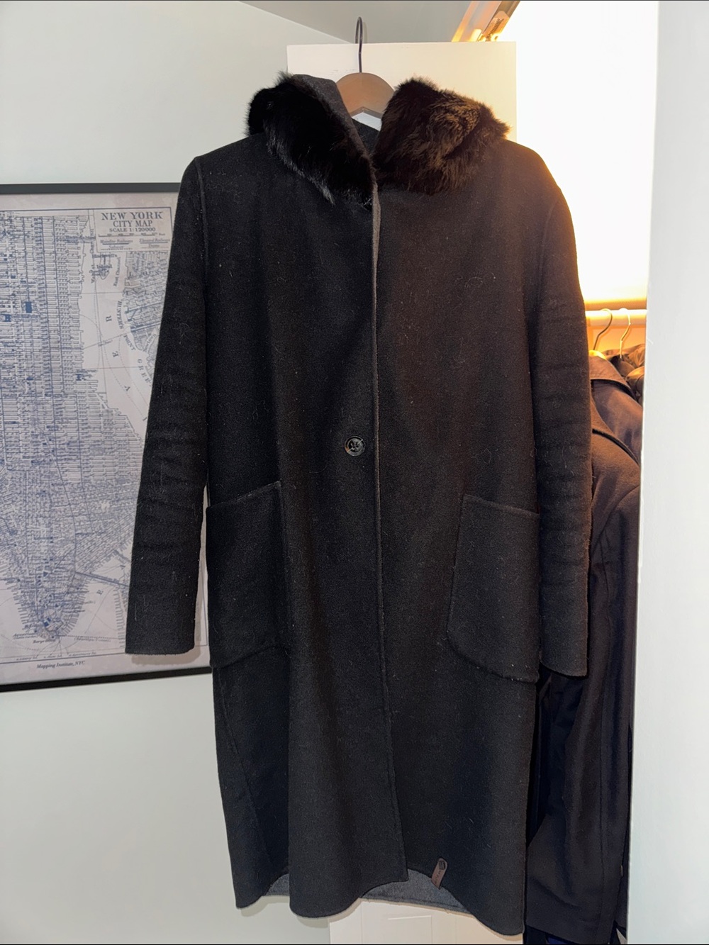 Black Wool Coat with Fur hat - rudsak